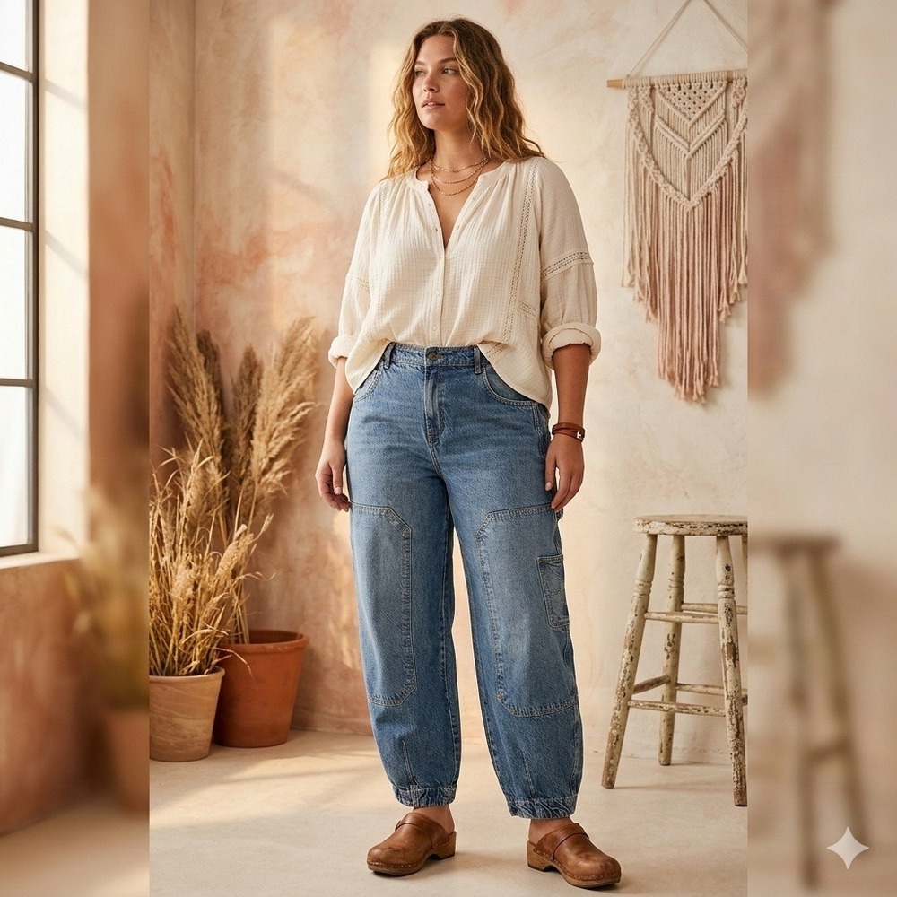 We The‎ Free Loren Carpenter Barrel Jeans Women 32 High Rise Utility Blue Boho
